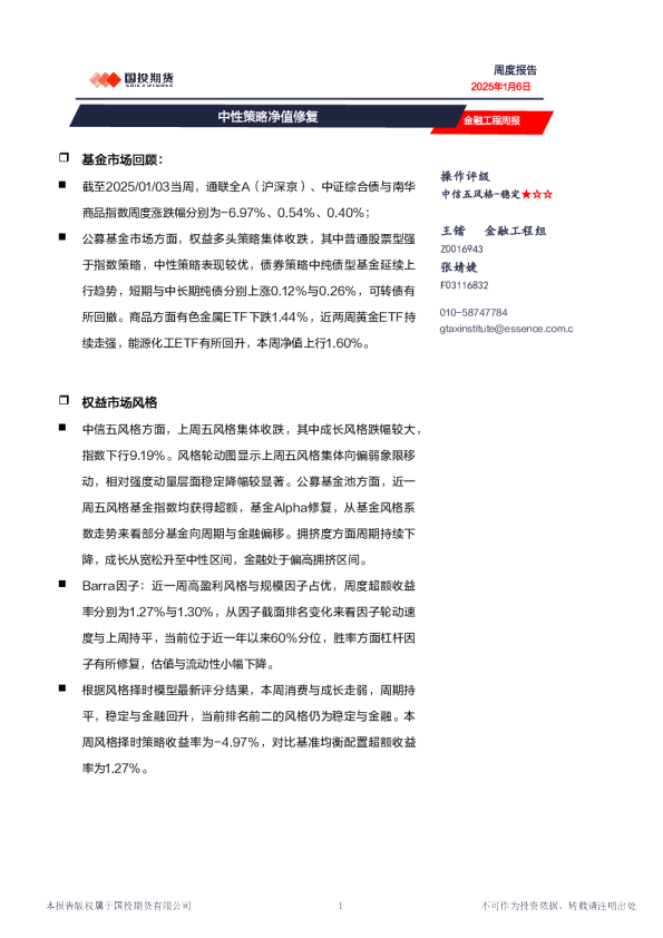 金融工程周报：中性策略净值修复