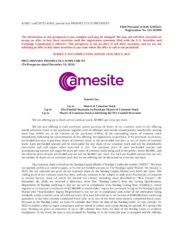 Amesite Inc美股招股说明书(2025-01-06版)