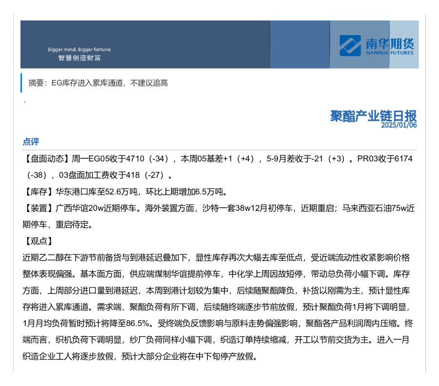 南华期货聚酯产业链日报