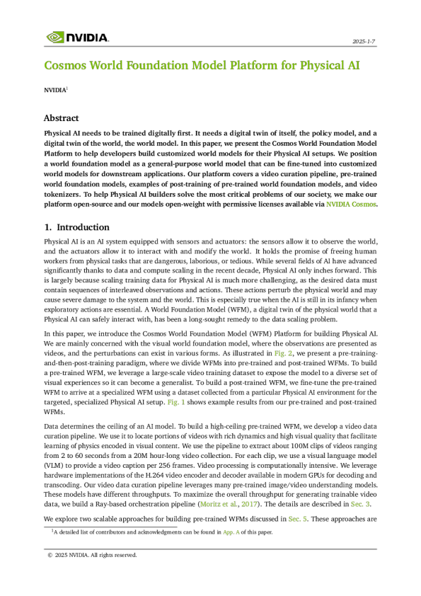 cosmos世界基础模型平台：面向物理ai的世界基础模型平台