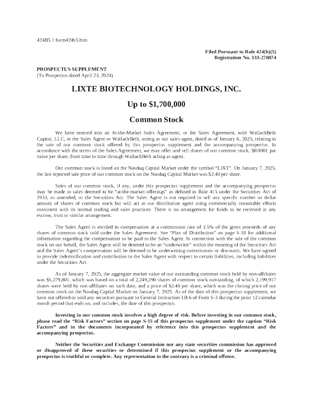 Lixte Biotechnology Holdings Inc 美股股票说 (2025 - 01 - 10 版)