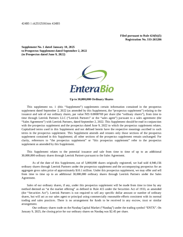 Entera Bio Ltd 美股认股书 (2025 - 01 - 10 版)