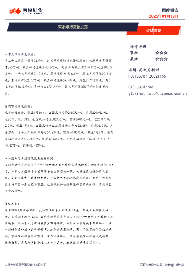 菜系周报：菜系维持宽幅震荡