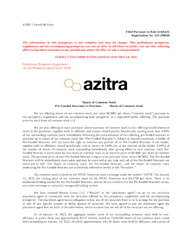 Azitra Inc 美股报章 (2025 - 01 - 14 版)