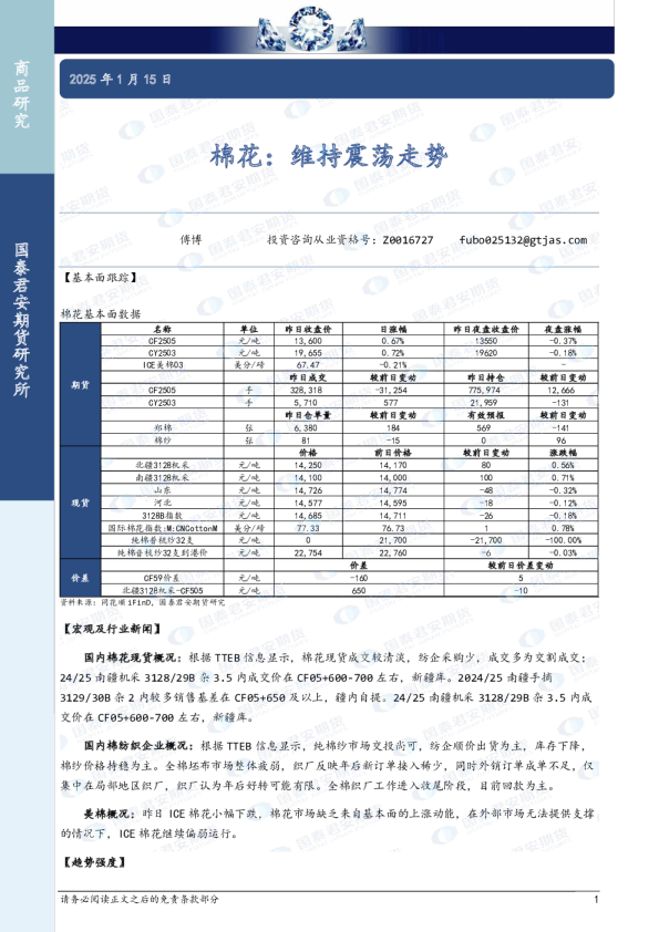棉花：维持震荡走势