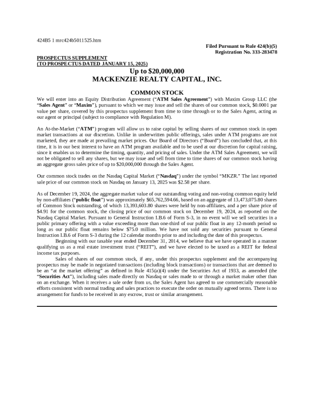 MacKenzie Realty Capital Inc美股招股说明书(2025-01-15版)