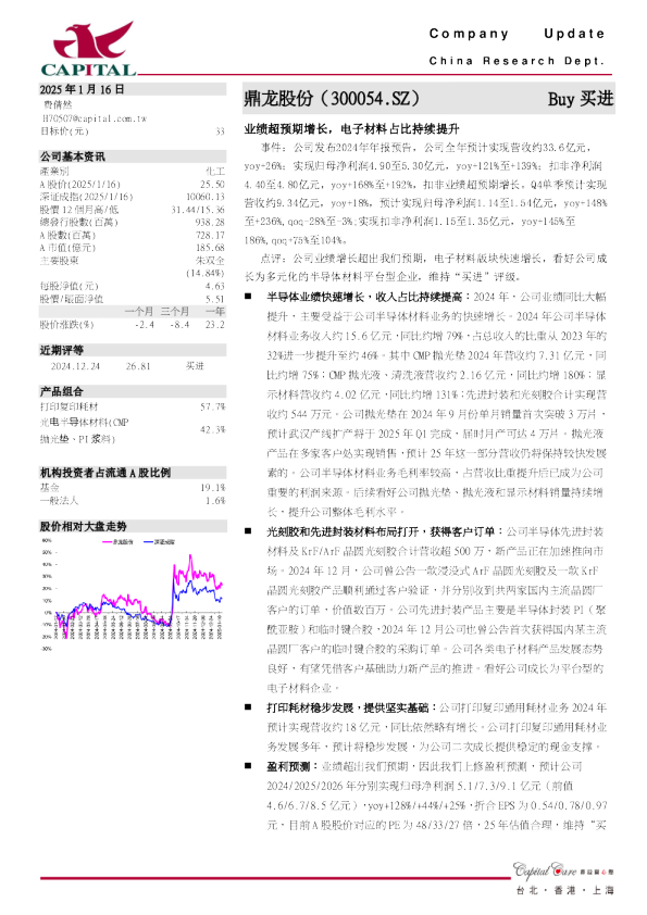 业绩超预期增长，电子材料占比持续提升