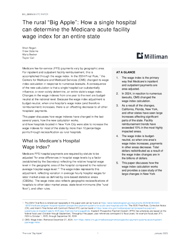 农村“大苹果”：一家医院如何确定整个州的医疗保险急性设施工资指数