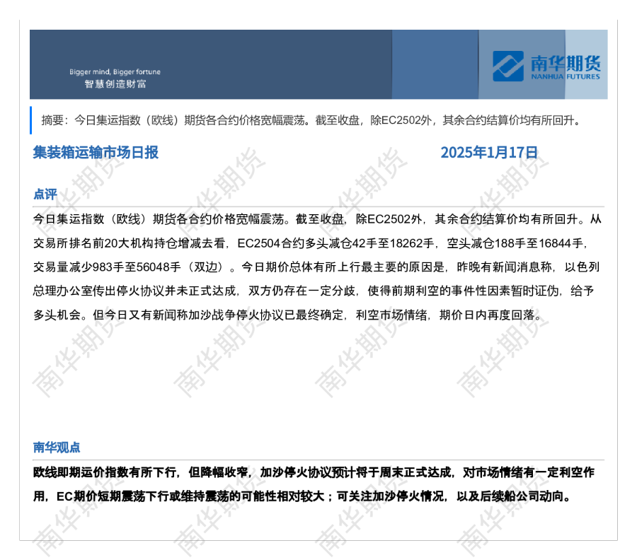 南华集运日报20250117