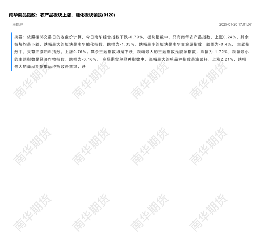 南华商品指数：农产品板块上涨，能化板块领跌