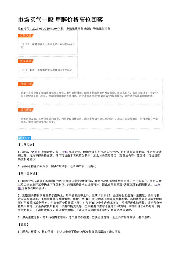 市场买气一般 甲醇价格高位回落