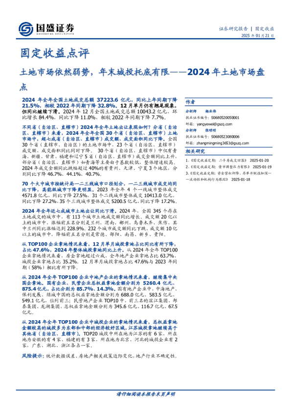 2024年土地市场盘点：土地市场依然弱势，年末城投托底有限