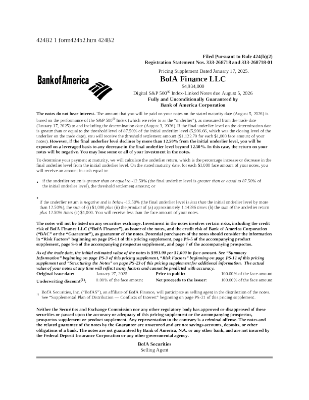 美国银行美股招股说明书(2025-01-22版)