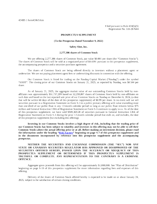 Safety Shot Inc 美股认字 (2025 - 01 - 22 版)