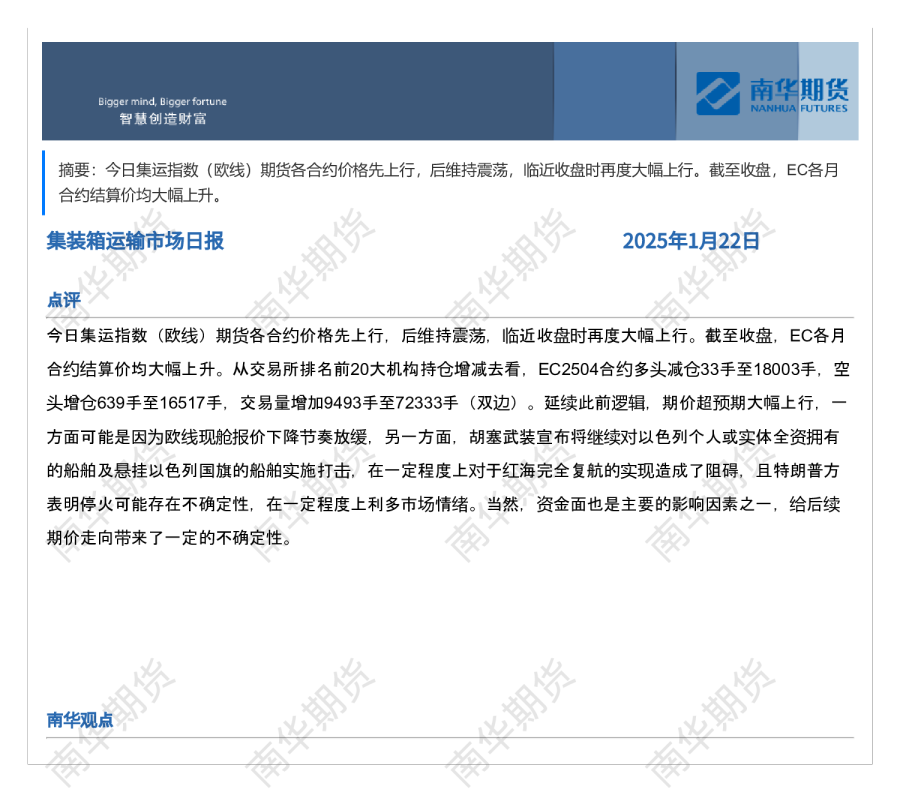南华集运日报20250122