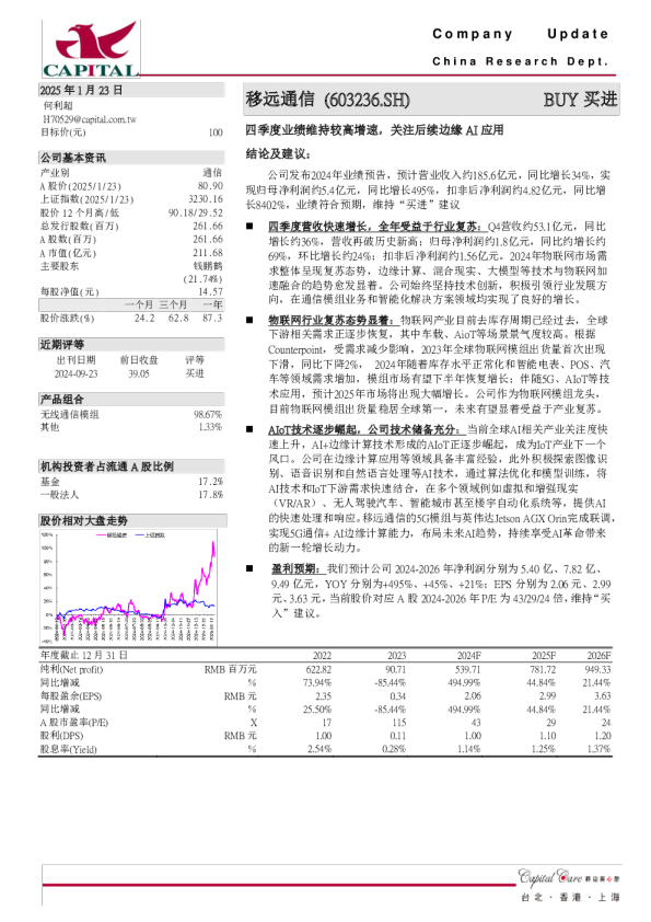 四季度业绩维持较高增速，关注后续边缘AI应用