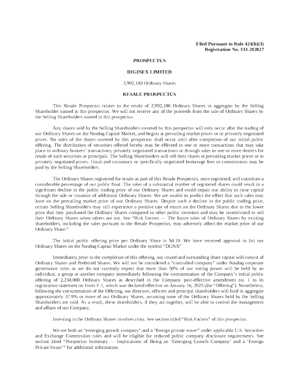 Diginex Ltd美股招股说明书(2025-01-23版)