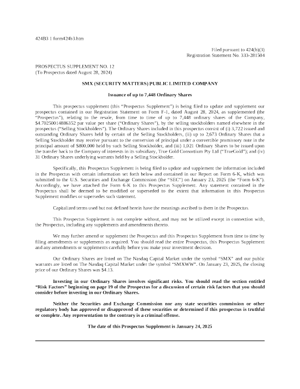 SMX(安全事项) PLC - A 美股认股权证(2025 - 01 - 24 版)