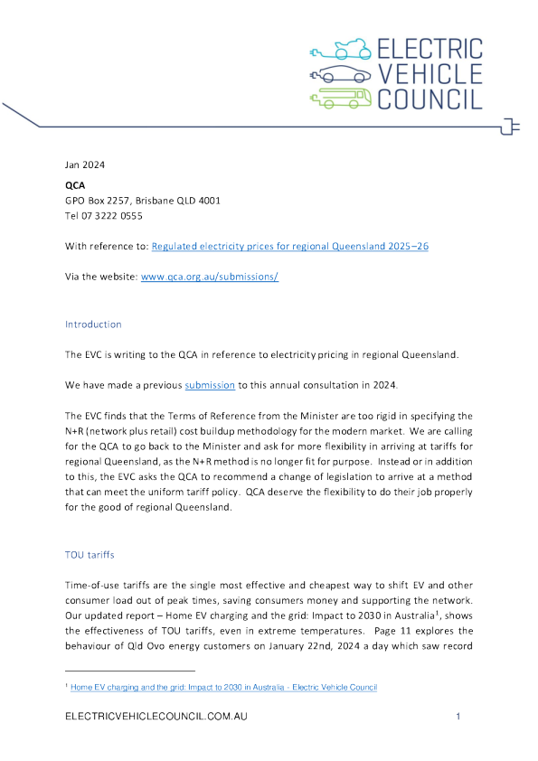 EVC向QCA提交的关于昆士兰州地区电价的意见书