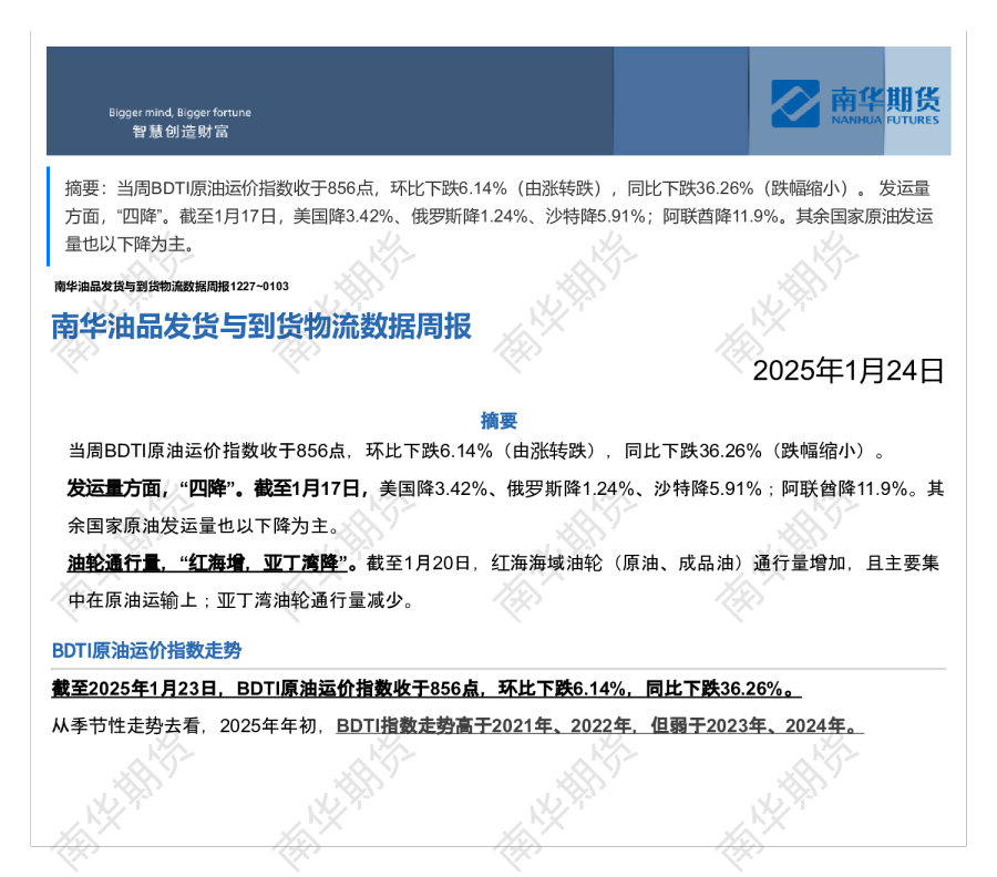 南华油品发货与到货物流数据周报0117-0124