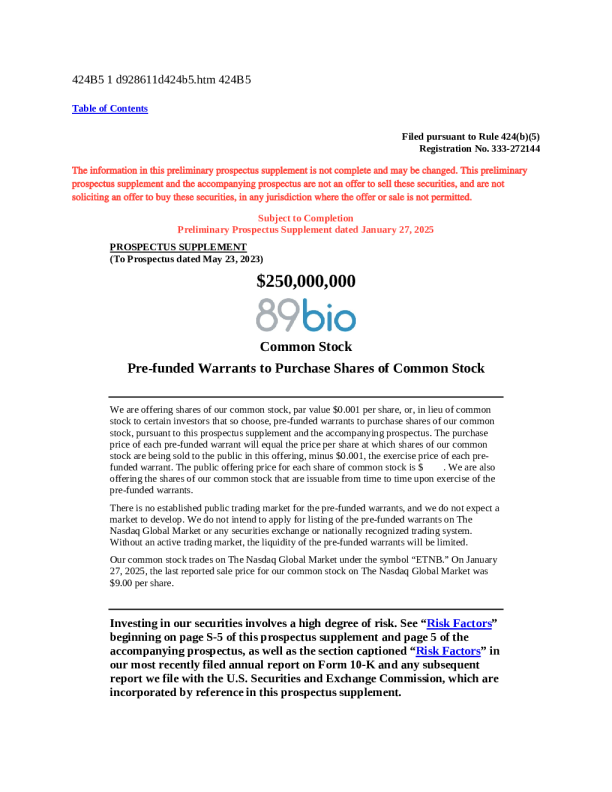 89bio Inc美股招股说明书(2025-01-27版)