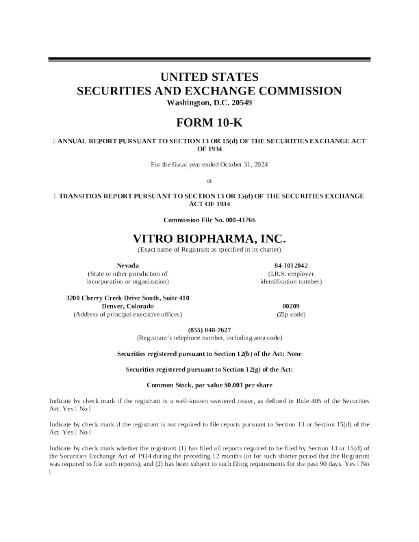 Vitro Biopharma Inc 2024年度报告