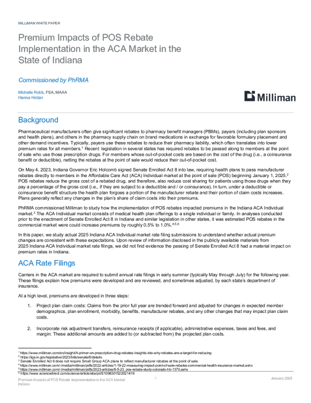 印第安纳州ACA市场实施POS回扣的溢价影响