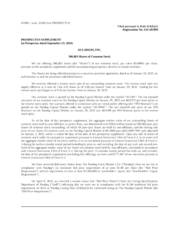 Aclarion Inc美国股票招股说明书（2025-01-31版）