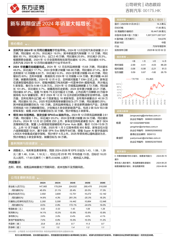 新车周期促进2024年销量大幅增长