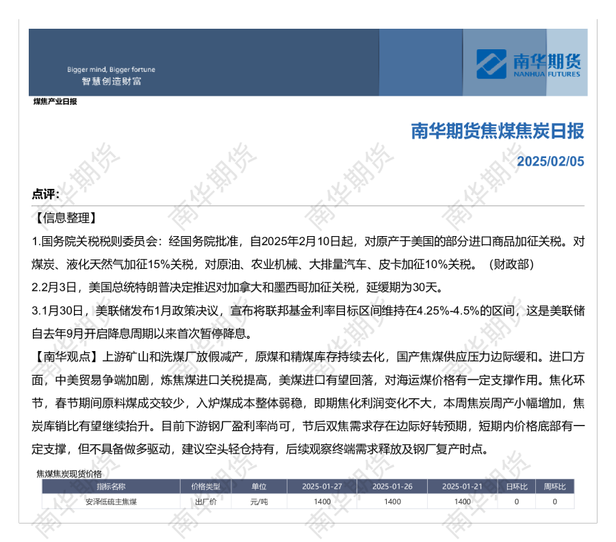 南华煤焦日报20250205