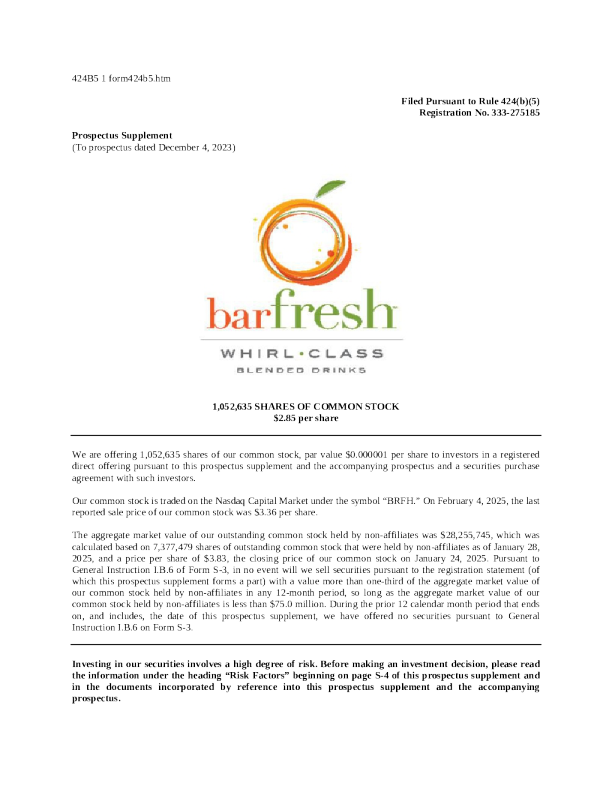 Barfresh Food Group Inc 美股招股说明书 (2025 - 02 - 05 版)