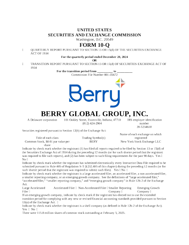 Berry Global Group Inc：2025年年度报告