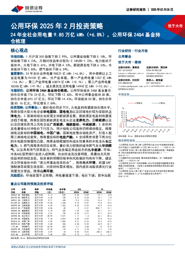 公用环保2025年2月投资策略：24年全社会用电量9.85万亿kWh（+6.8%），公用环保24Q4基金持仓梳理