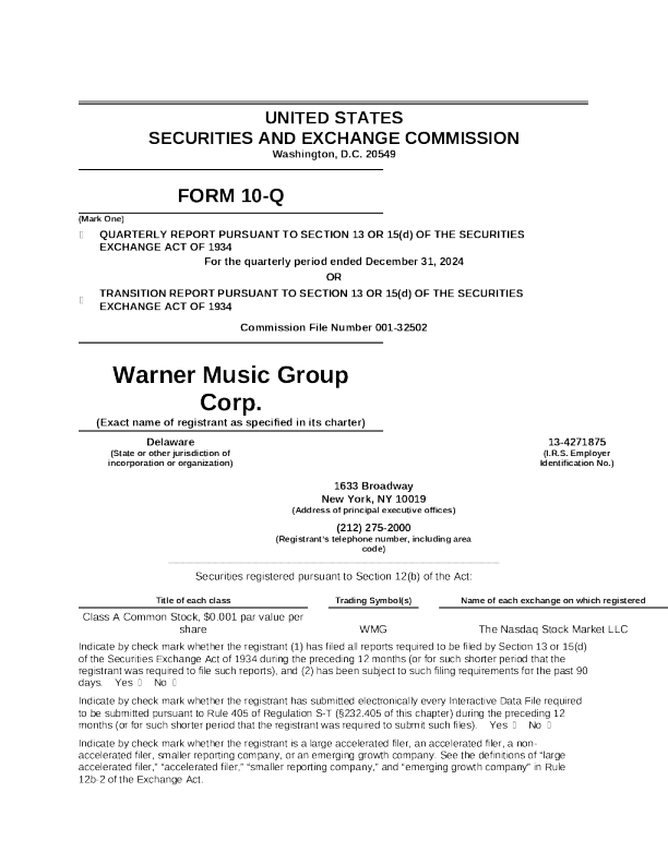 华纳音乐 2025年季度报告