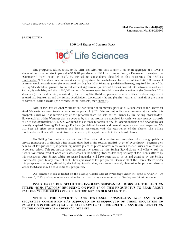 180 Life Sciences Corp美股招股说明书(2025-02-10版)