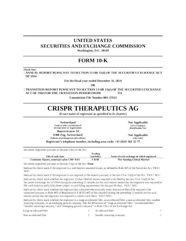 CRISPR Therapeutics AG 2024年度报告