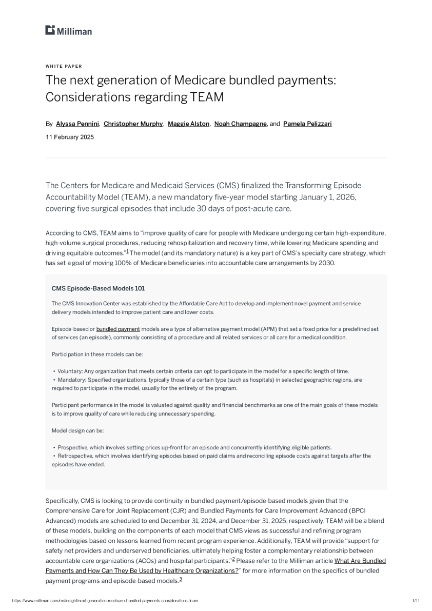 下一代医疗保险捆绑支付：关于TEAM的考虑