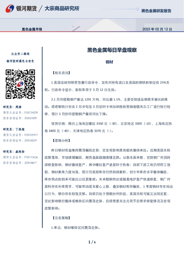 黑色金属每日早盘观察