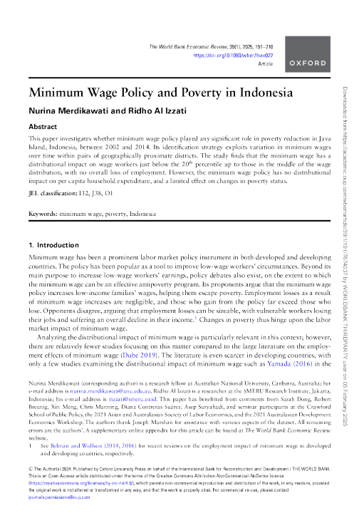 最低工资政策与印度尼西亚的贫困