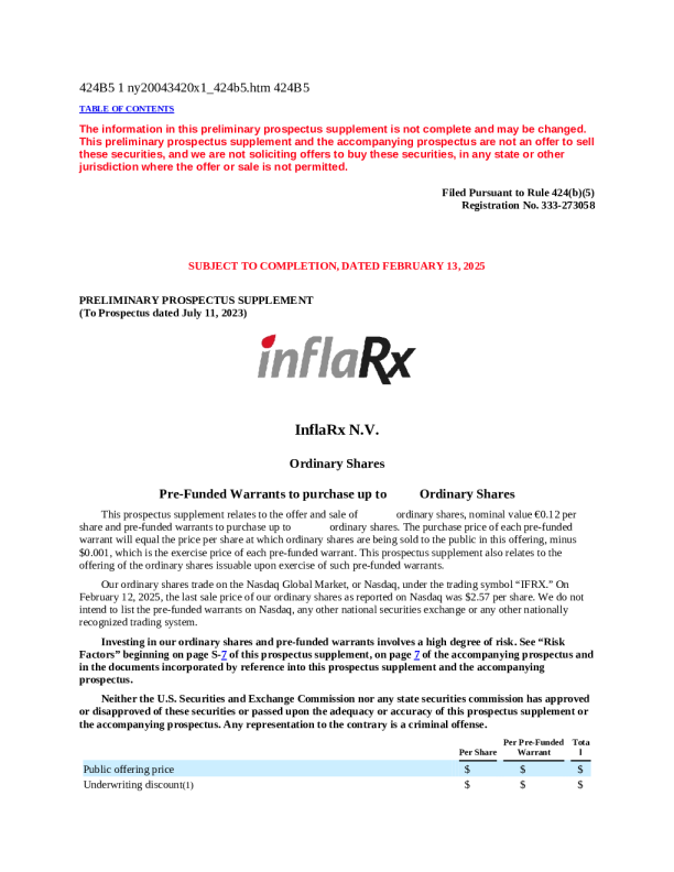 InflaRx NV美股招股说明书(2025-02-13版)