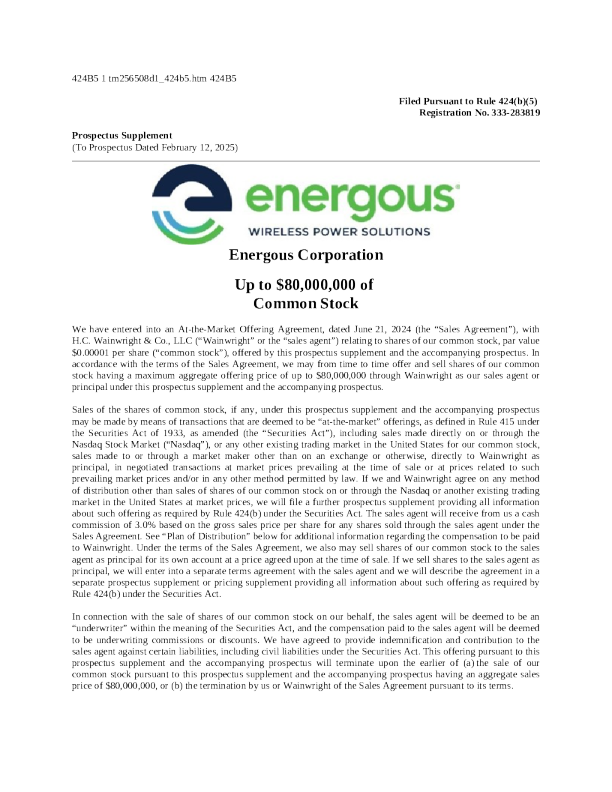 Energous Corp美股招股说明书(2025-02-13版)