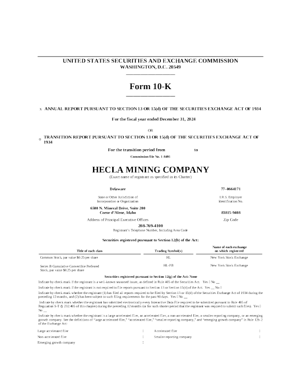 赫克拉矿业 2024年度报告