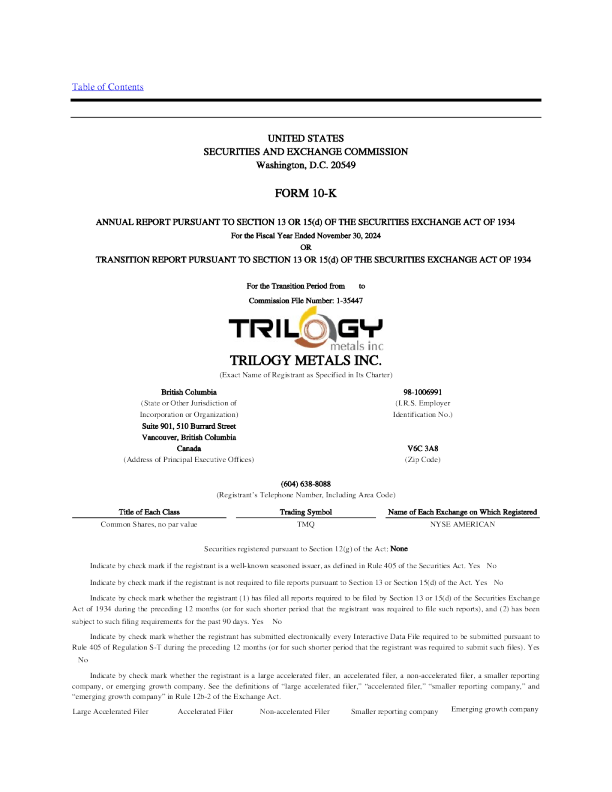 Trilogy Metals Inc 2024年度报告