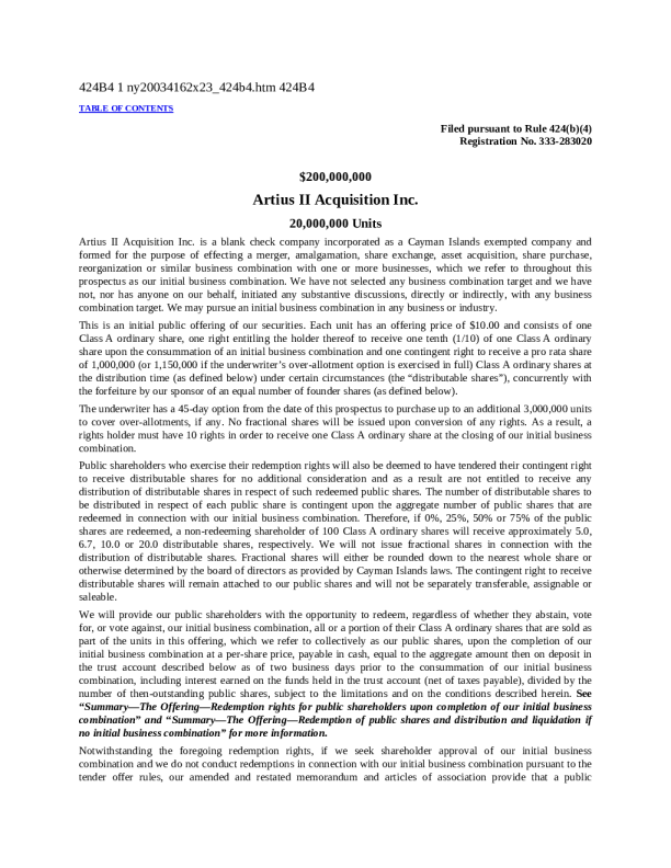 Artius II Acquisition Inc-A美股招股说明书(2025-02-14版)