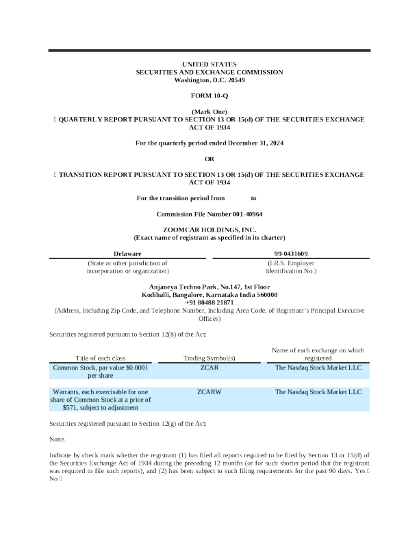 Zoomcar Holdings Inc 2025年季度报告