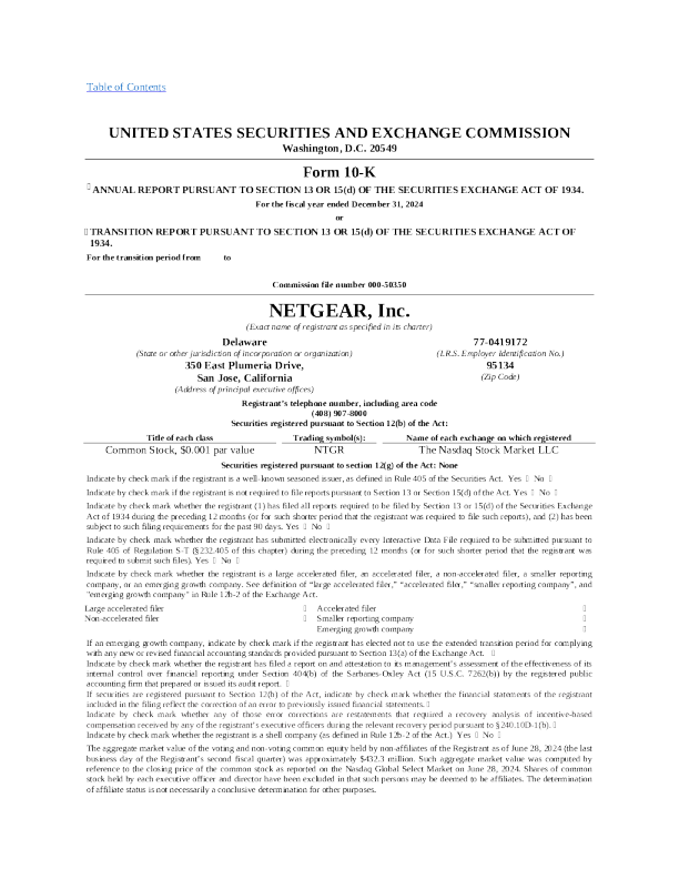 NETGEAR Inc 2024年度报告