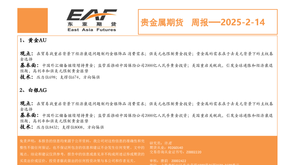 贵金属期货周报