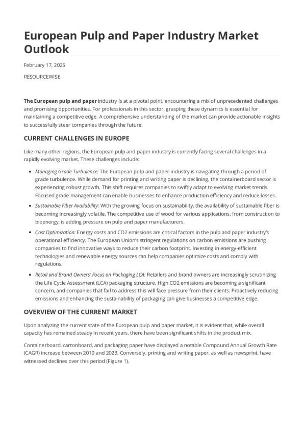 欧洲纸浆和造纸工业市场展望