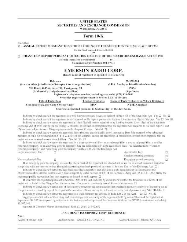 Emerson Radio Corp 2024年年度报告