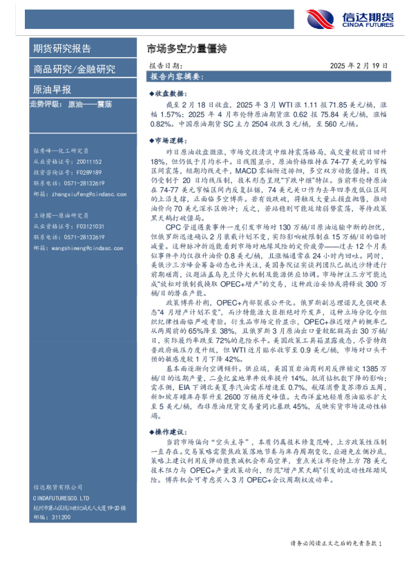 原油早报：市场多空力量僵持